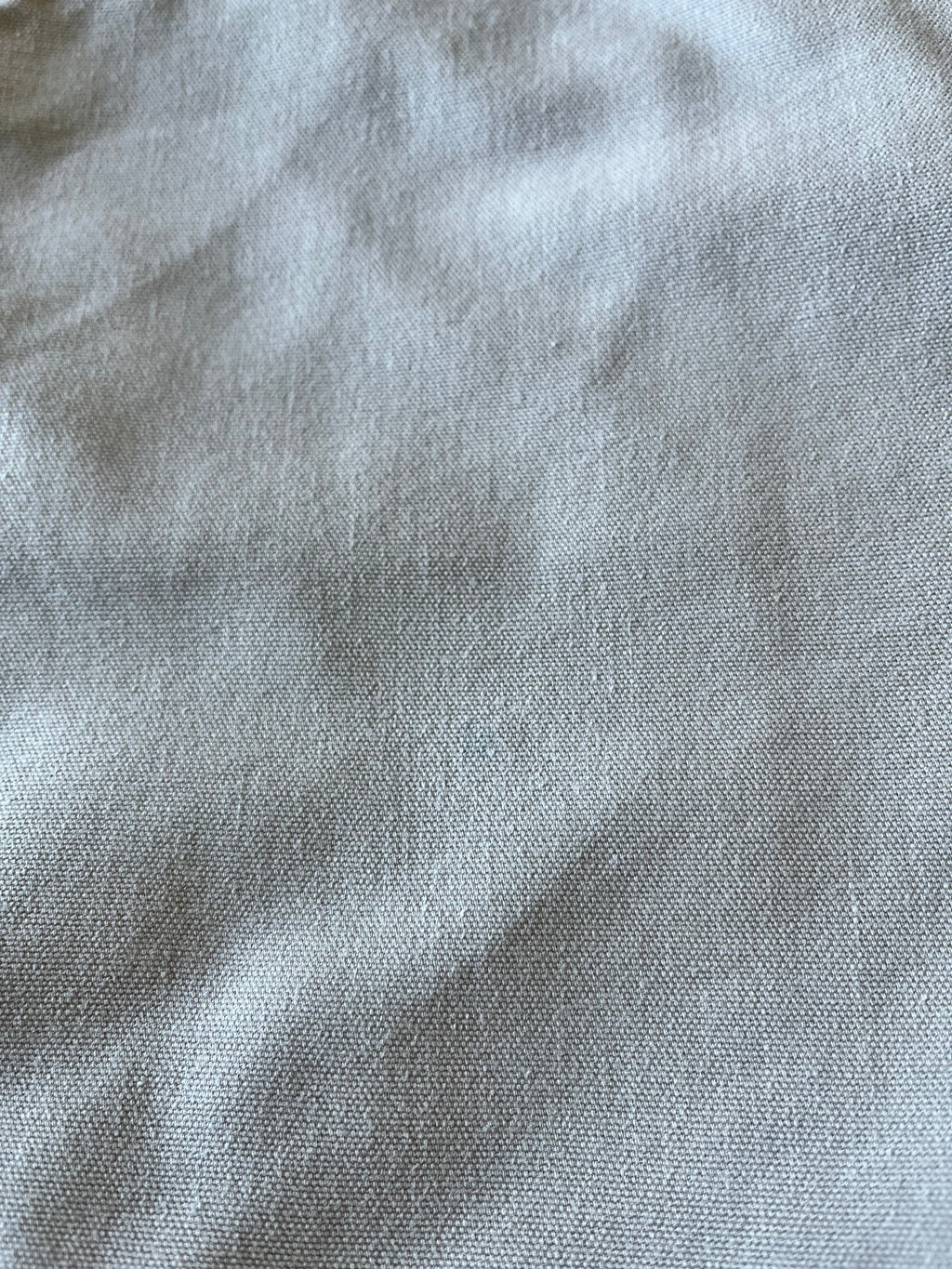 Gros plan sur la toile beige d'un short de menuisier Carhartt présentant une légère tache bleue sur la jambe.