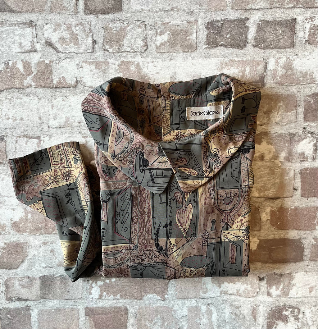 Blouse Artsy Vintage | Jade Glaze | Imprimé Surréaliste & Col Double | Japon