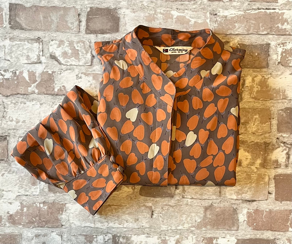 Blouse Vintage Charming Seoul Imprimé Coeurs & Poires | 80s 90s | Style Working Girl | Corée du Sud