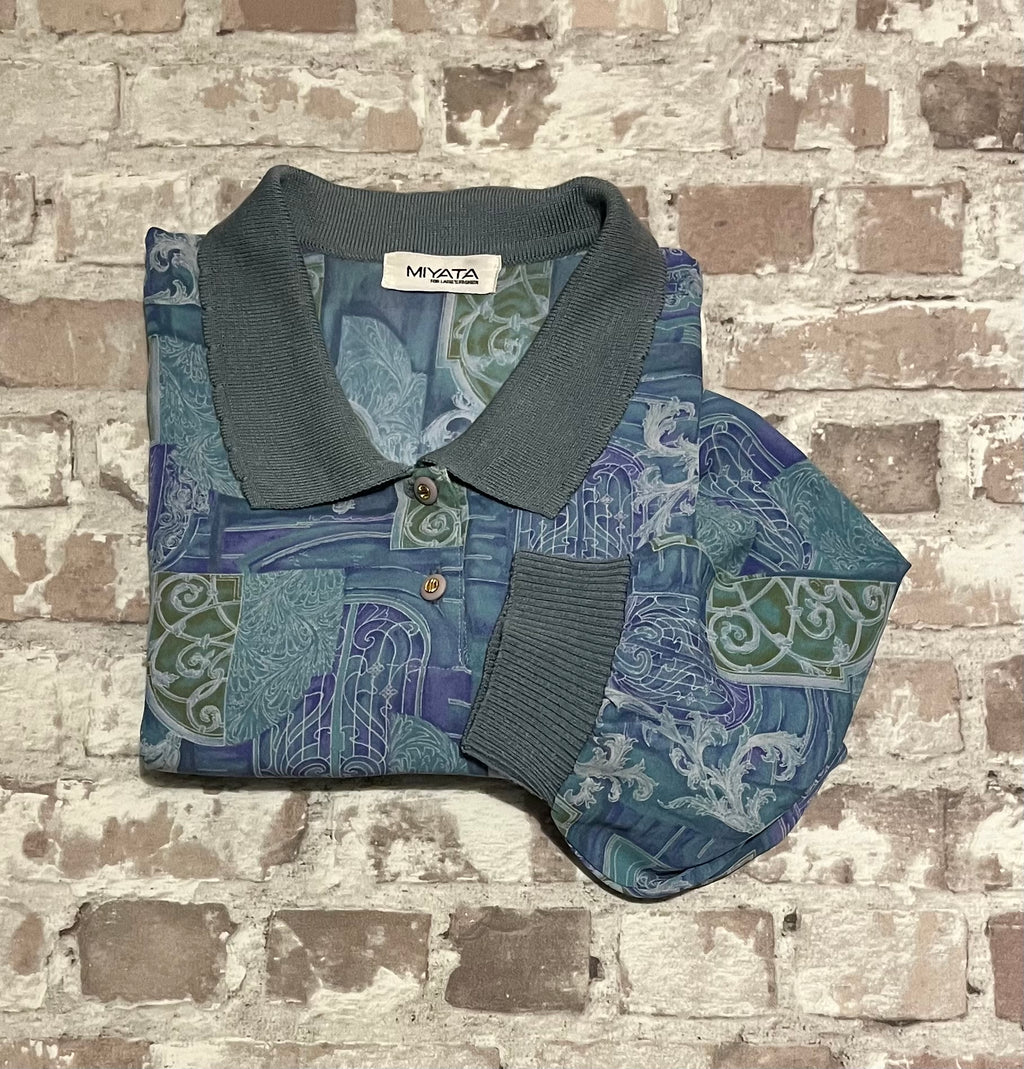 Blouse Vintage | Miyata | Imprimé Arty Bleu & Lavande | Esprit Polo Années 80 | Japon