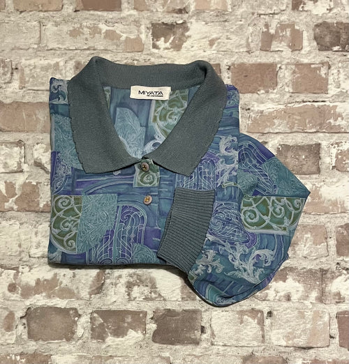 Blouse Vintage | Miyata | Imprimé Arty Bleu & Lavande | Esprit Polo Années 80 | Japon