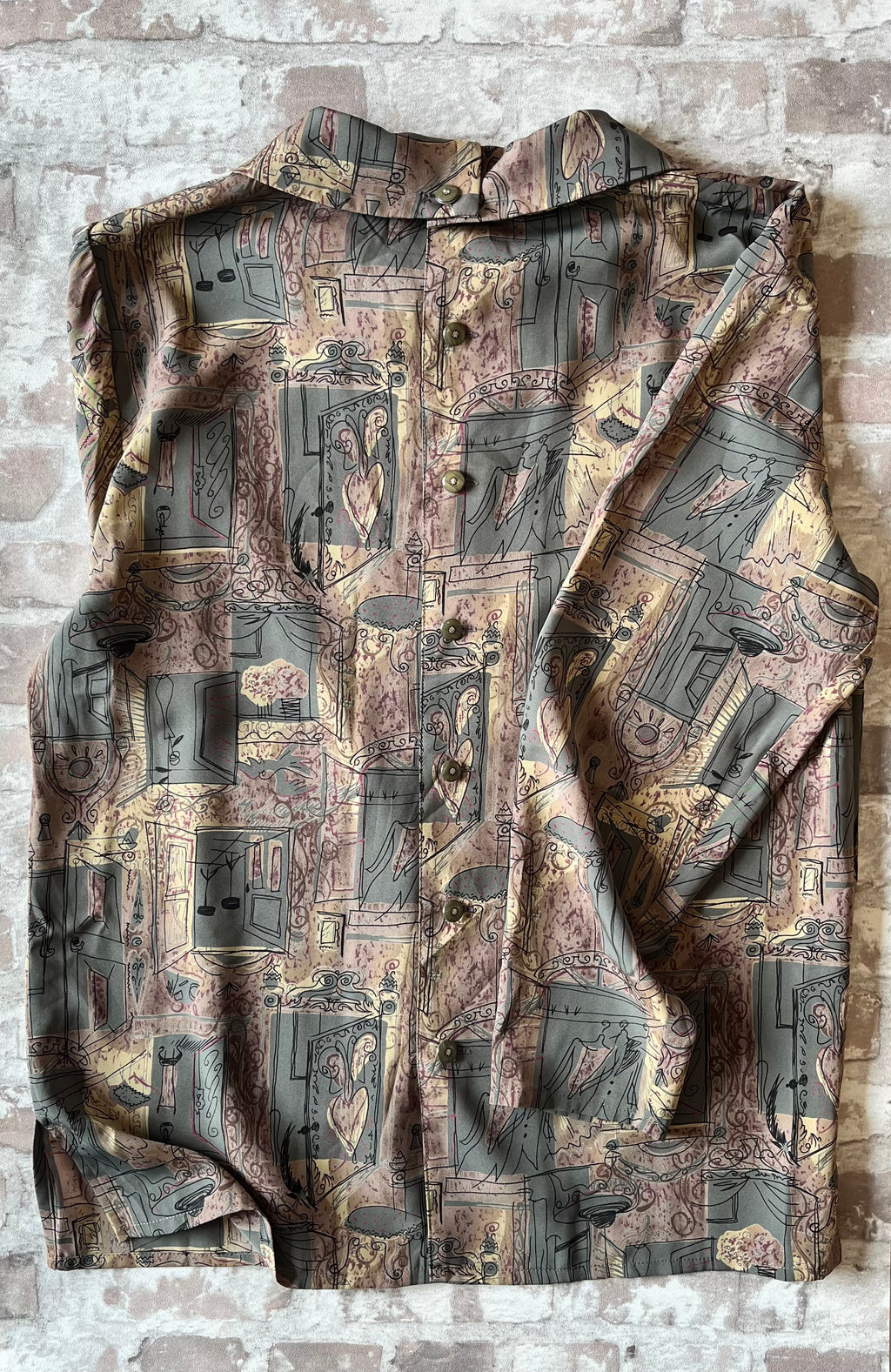 Blouse Artsy Vintage | Jade Glaze | Imprimé Surréaliste & Col Double | Japon / dos