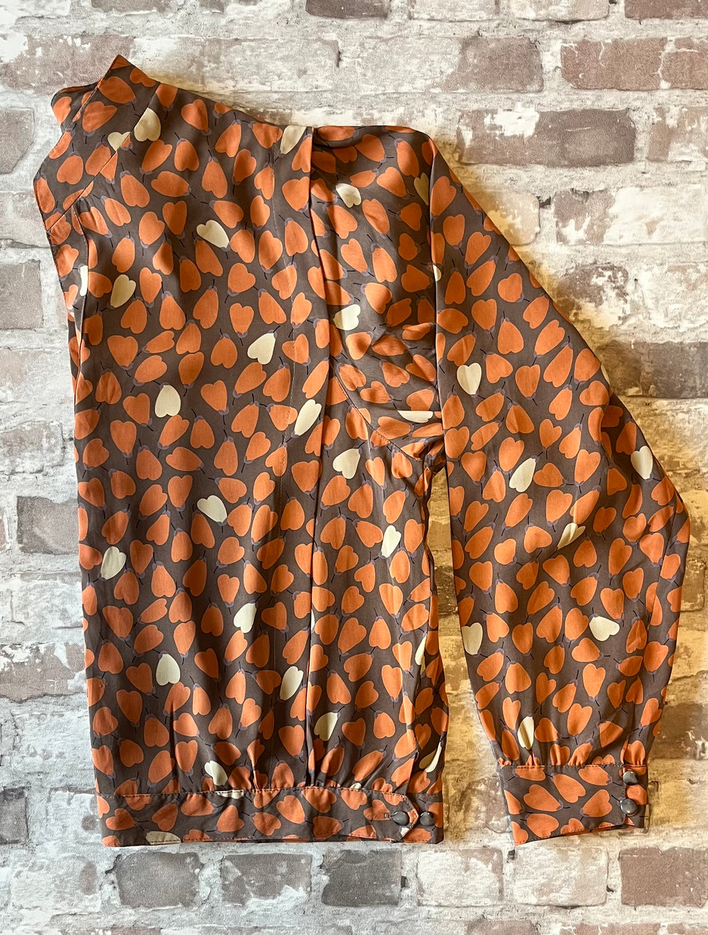 Blouse Vintage Charming Seoul Imprimé Coeurs & Poires | 80s 90s | Style Working Girl | Corée du Sud / profil