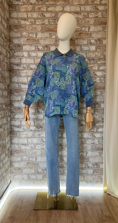 Blouse Vintage | Miyata | Imprimé Arty Bleu & Lavande | Esprit Polo Années 80 | Japon et Jean Levi's 501 Original | Coupe Skinny Premium | Bleu Lightwash & Raw Hem - W25 L30