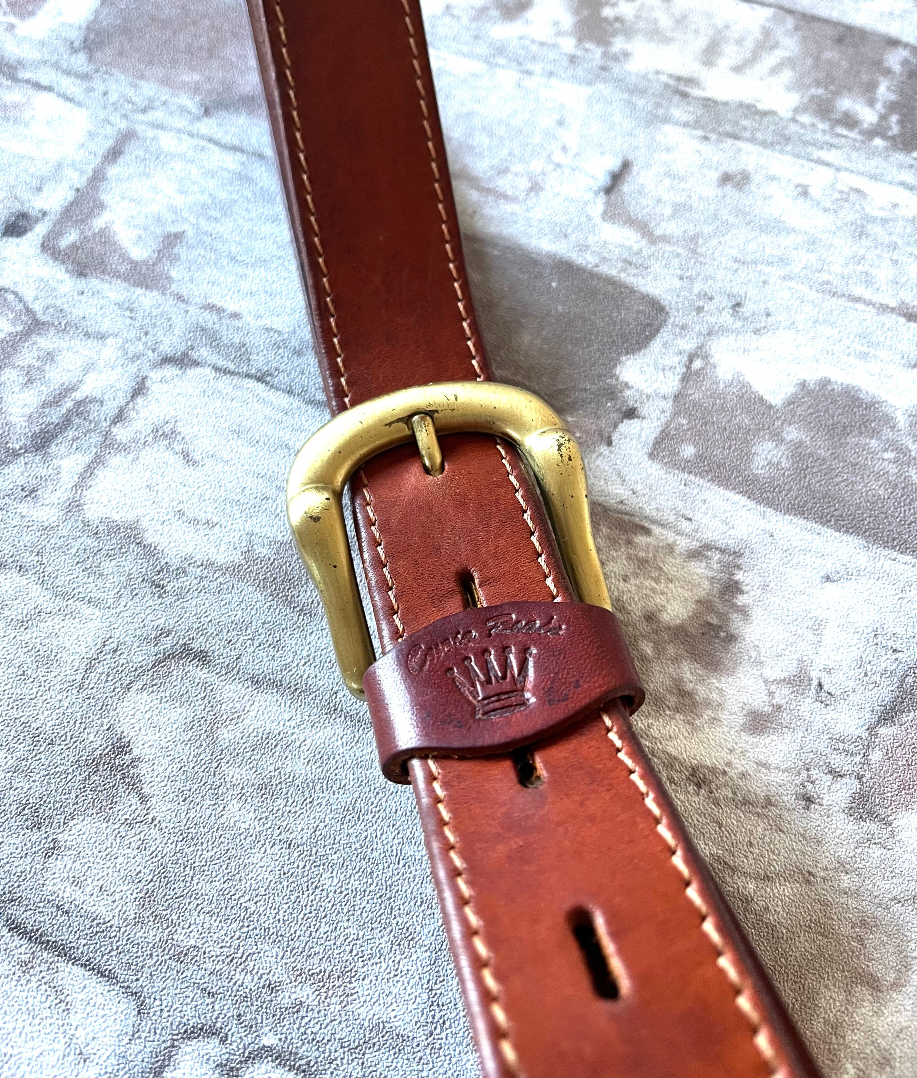 Ceinture Vintage | Original El Macho - Cuir Pleine Fleur Cognac | Boucle Laiton Massif | Italie / gros plan