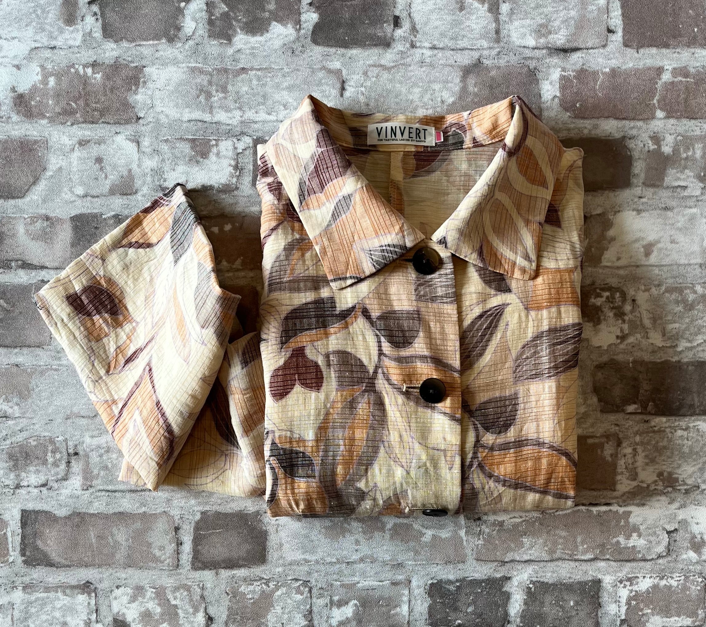 Chemise-Veste | Lin & Triacétate | Imprimé Végétal Ocre & Marron | Vinvert - Sanyo Shokai | Japon