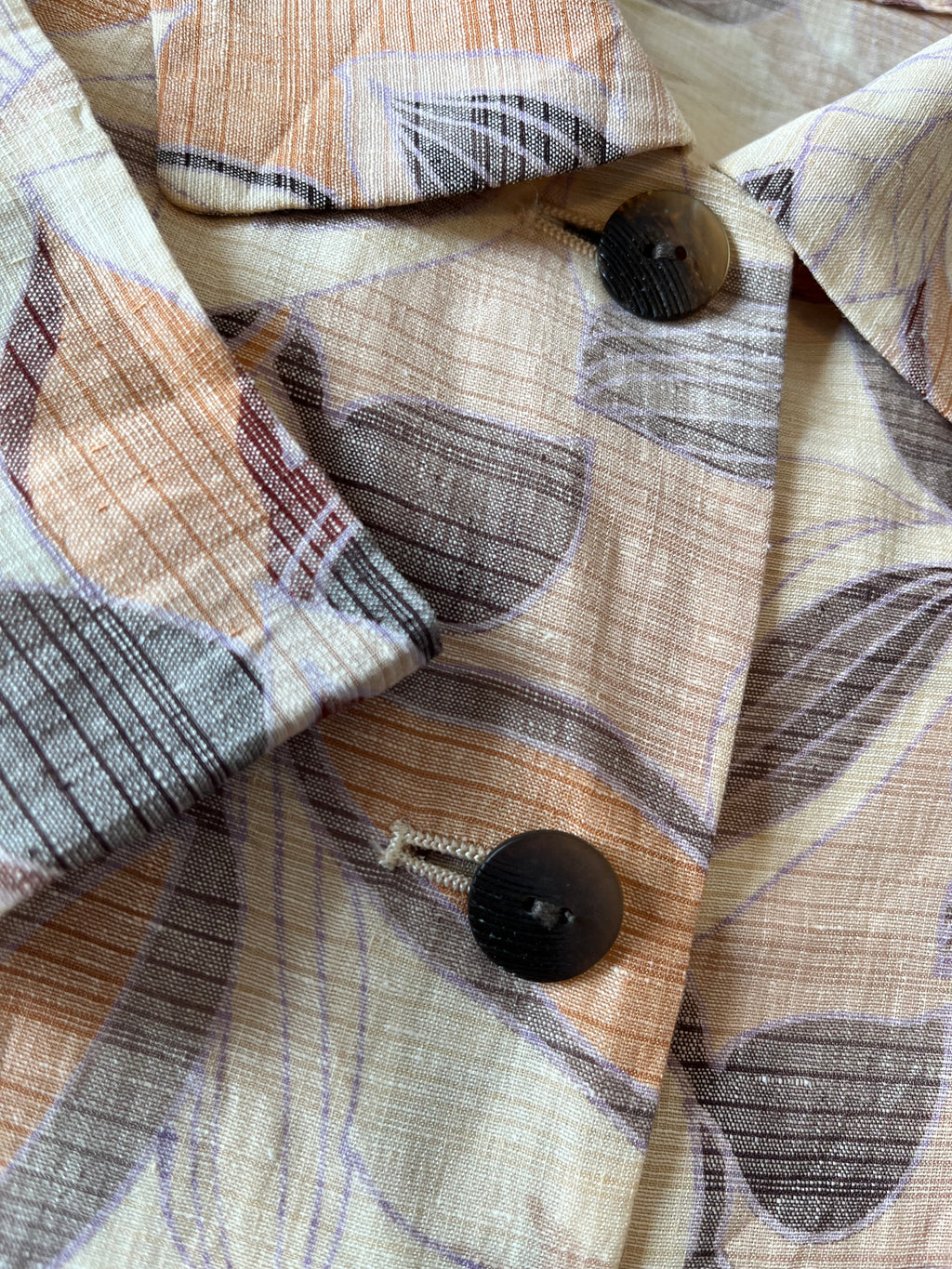 Chemise-Veste | Lin & Triacétate | Imprimé Végétal Ocre & Marron | Vinvert - Sanyo Shokai | Japon / boutons