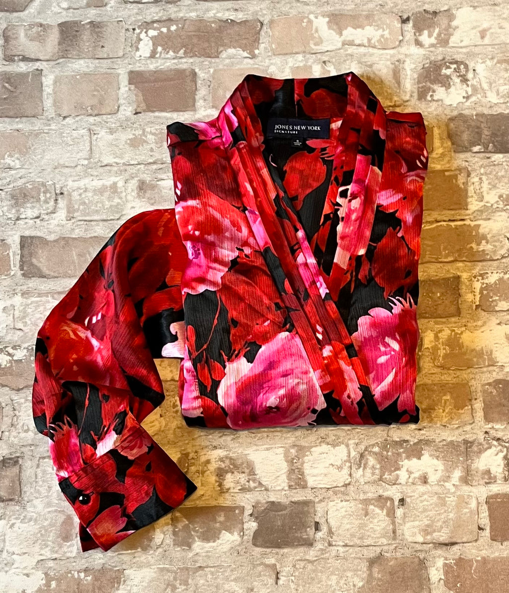 Chemise Cache-Coeur Vintage | Imprimé XXL Floral Rose Fuchsia & Rouge Carmin | Jones New York