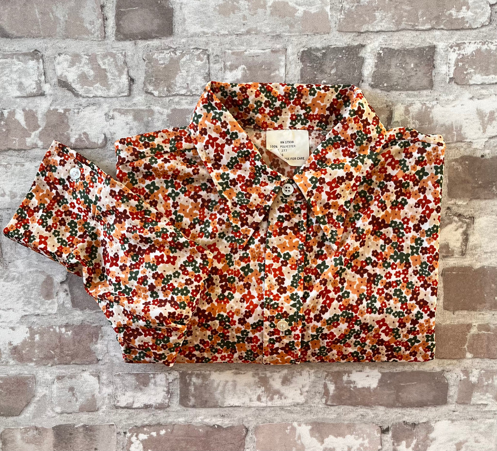 Chemise Vintage 70s | Micro Imprimé Floral Champêtre | Terracotta & Vert Bouteille | 38/40 FR - Grade A