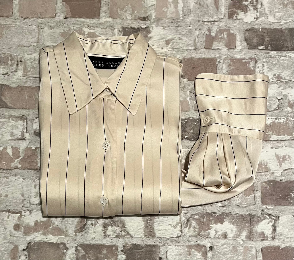 Chemise Vintage | 100% Soie | Linda Allard Ellen Tracy | Ivoire Rayée Noir | Hong Kong