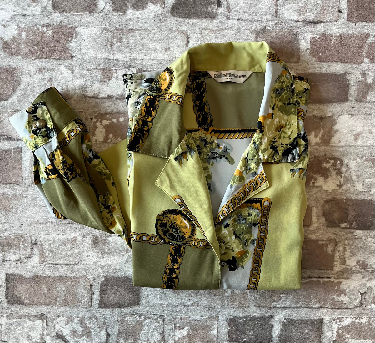 Chemise Vintage | Imprimé Foulard Baroque Vert Anis & Doré | Belle Ellensen | Japon