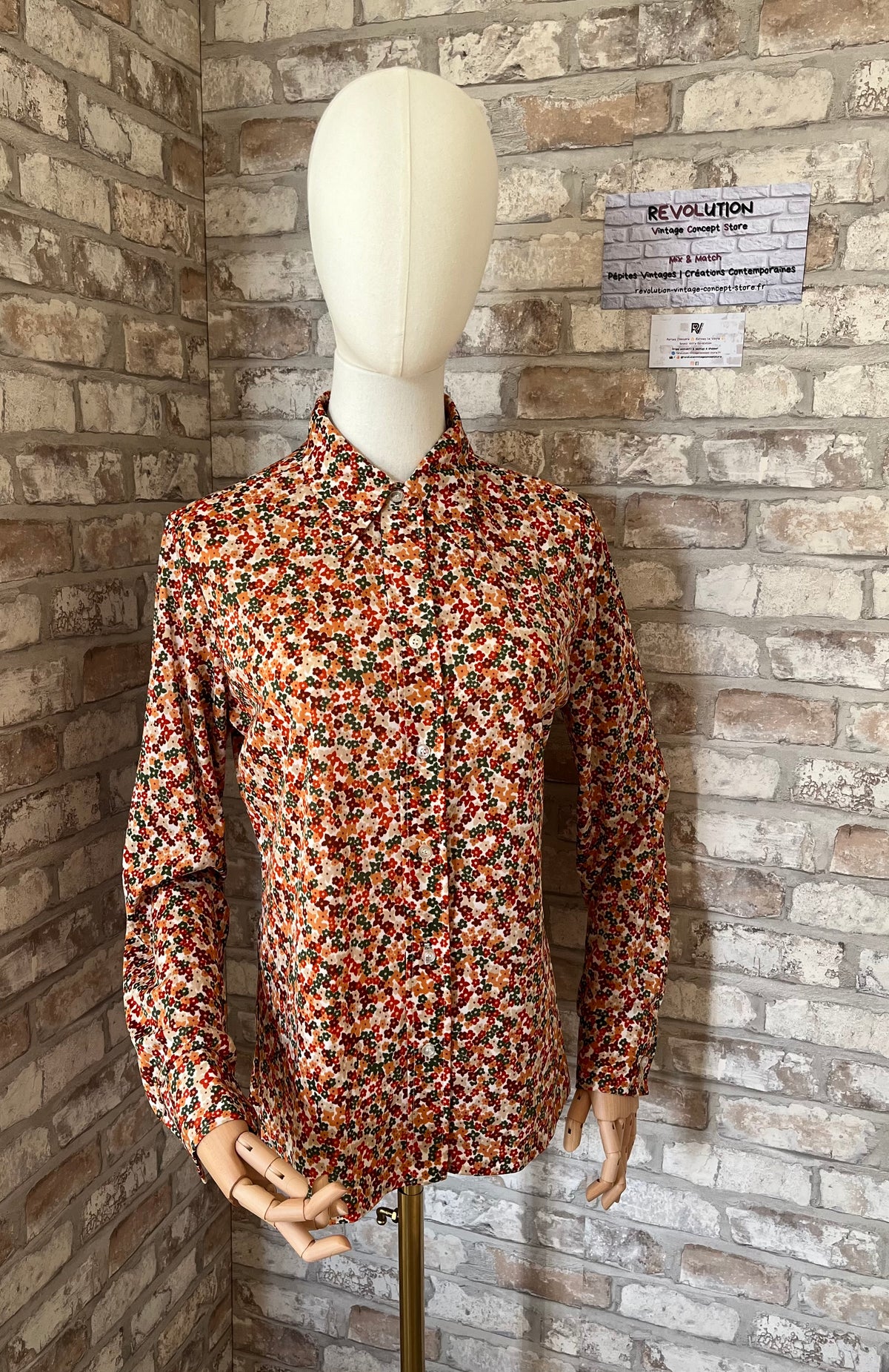Chemise Vintage 70s | Micro Imprimé Floral Champêtre | Terracotta & Vert Bouteille | 38/40 FR - Grade A