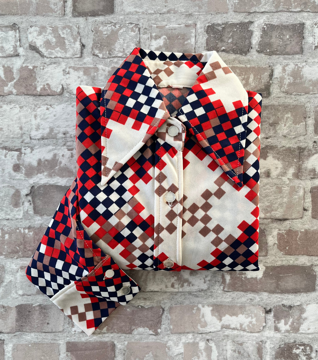 Chemise Vintage | Imprimé Géométrique 70s Pixélisé | Rouge, Bleu Marine & Beige | 38 FR - GRADE B