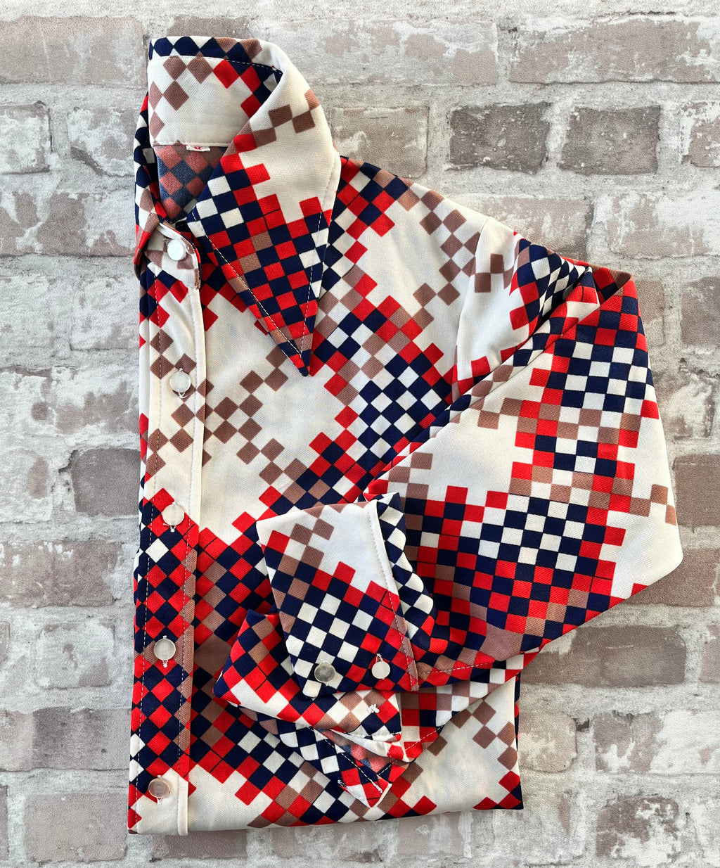 Chemise Vintage | Imprimé Géométrique 70s Pixélisé | Rouge, Bleu Marine & Beige | 38 FR - GRADE B