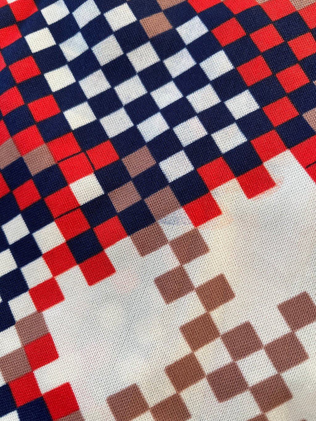Chemise Vintage | Imprimé Géométrique 70s Pixélisé | Rouge, Bleu Marine & Beige | 38 FR - GRADE B