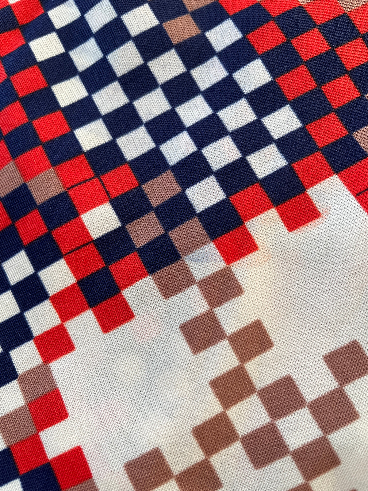 Chemise Vintage | Imprimé Géométrique 70s Pixélisé | Rouge, Bleu Marine & Beige | 38 FR - GRADE B
