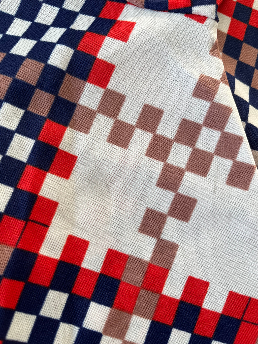 Chemise Vintage | Imprimé Géométrique 70s Pixélisé | Rouge, Bleu Marine & Beige | 38 FR - GRADE B