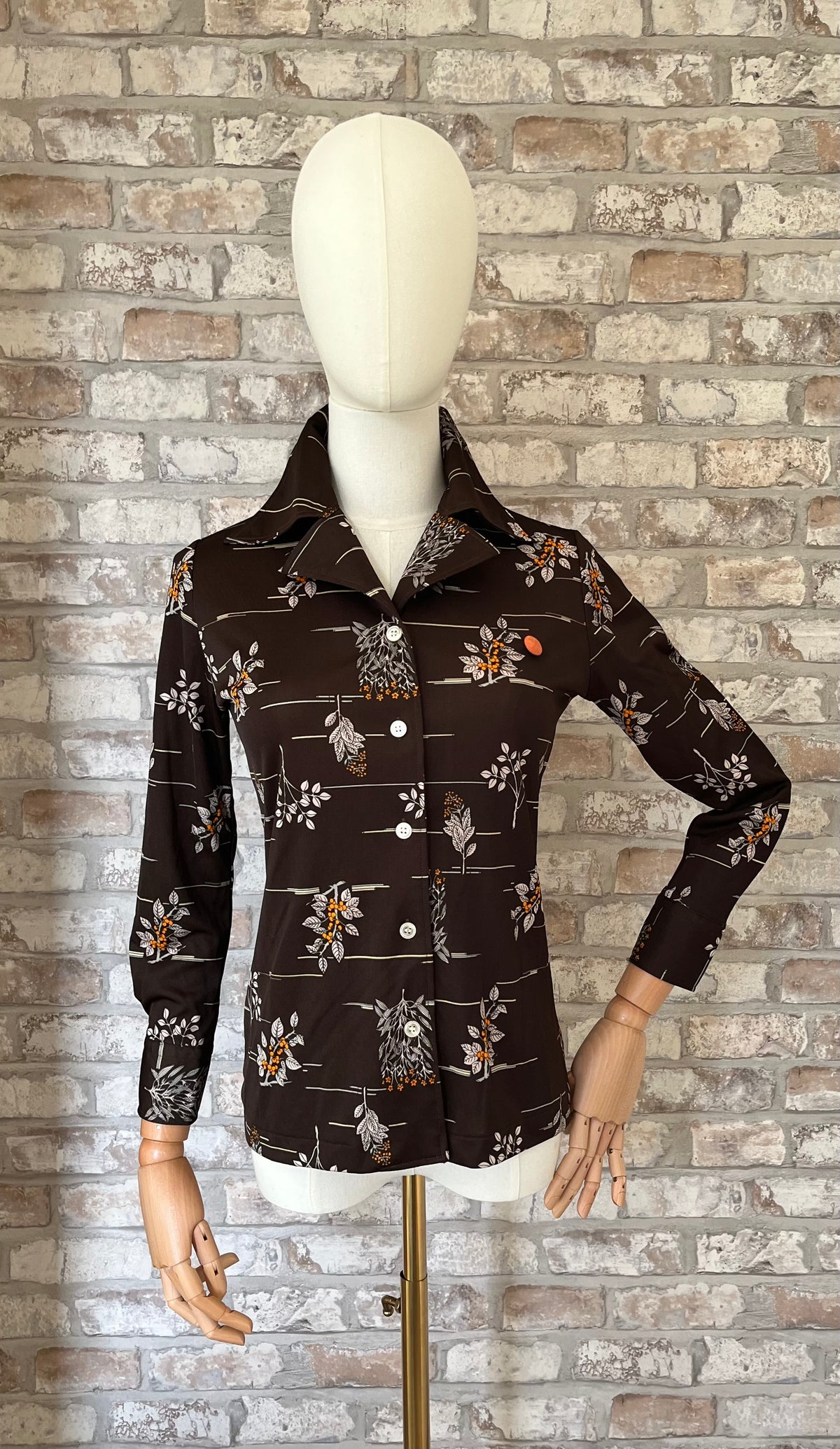 Chemise Vintage Japonaise 70s | Imprimé Botanique | Marron & Baies Orange | 34/36 FR - GRADE B