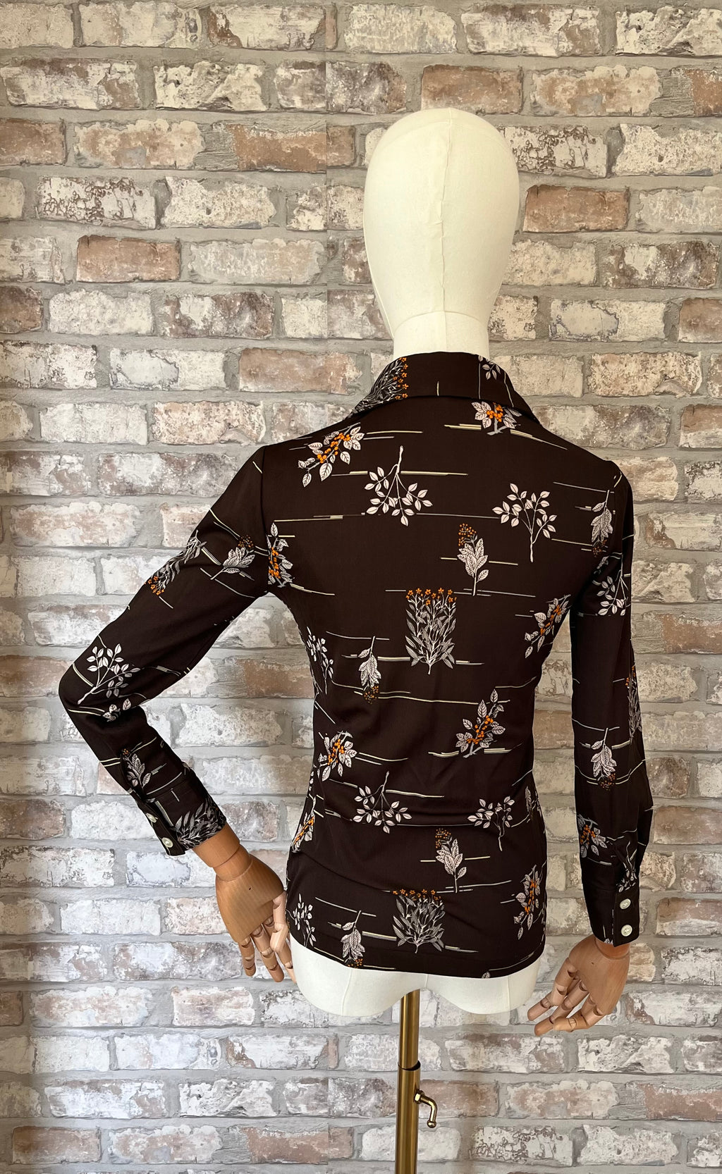 Chemise Vintage Japonaise 70s | Imprimé Botanique | Marron & Baies Orange | 34/36 FR - GRADE B