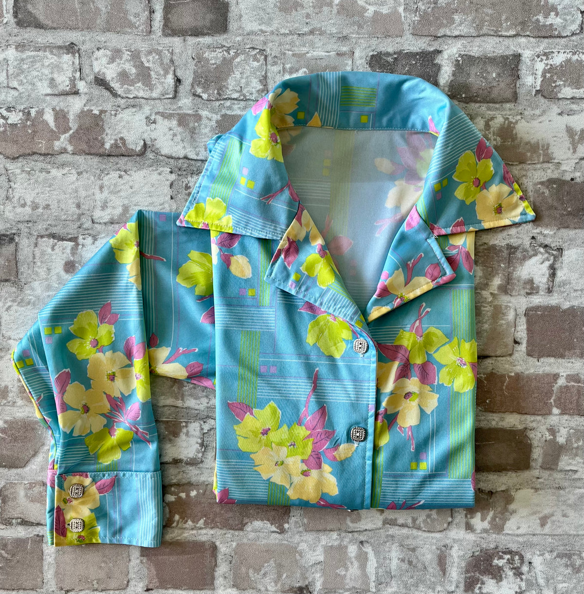 Chemise Vintage Japonaise 70s | Imprimé Floral Pop | Bleu Azur et fluo | S/M - GRADE A