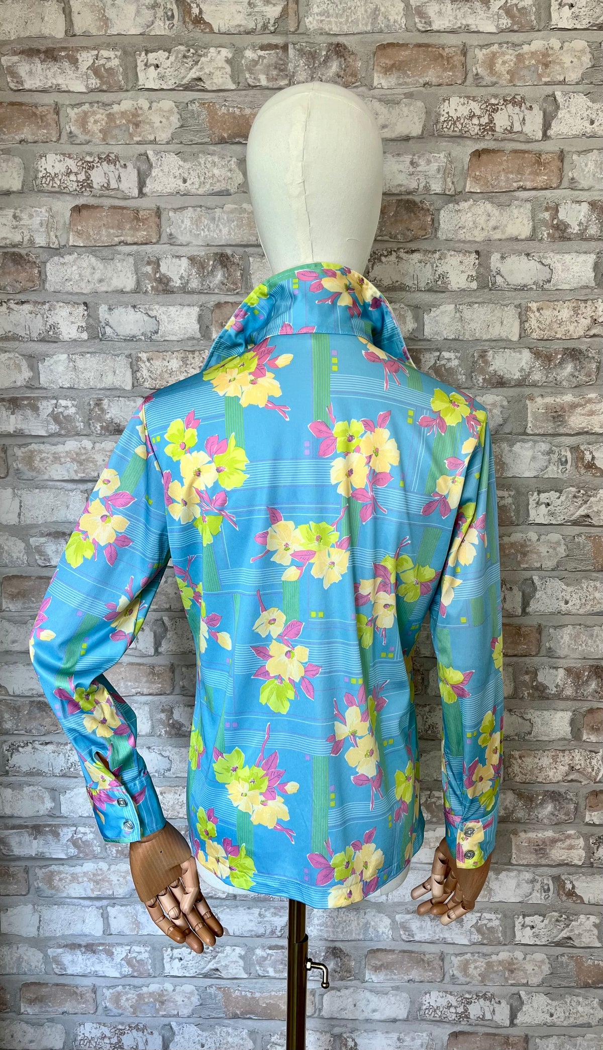 Chemise Vintage Japonaise 70s | Imprimé Floral Pop | Bleu Azur et fluo | S/M - GRADE A