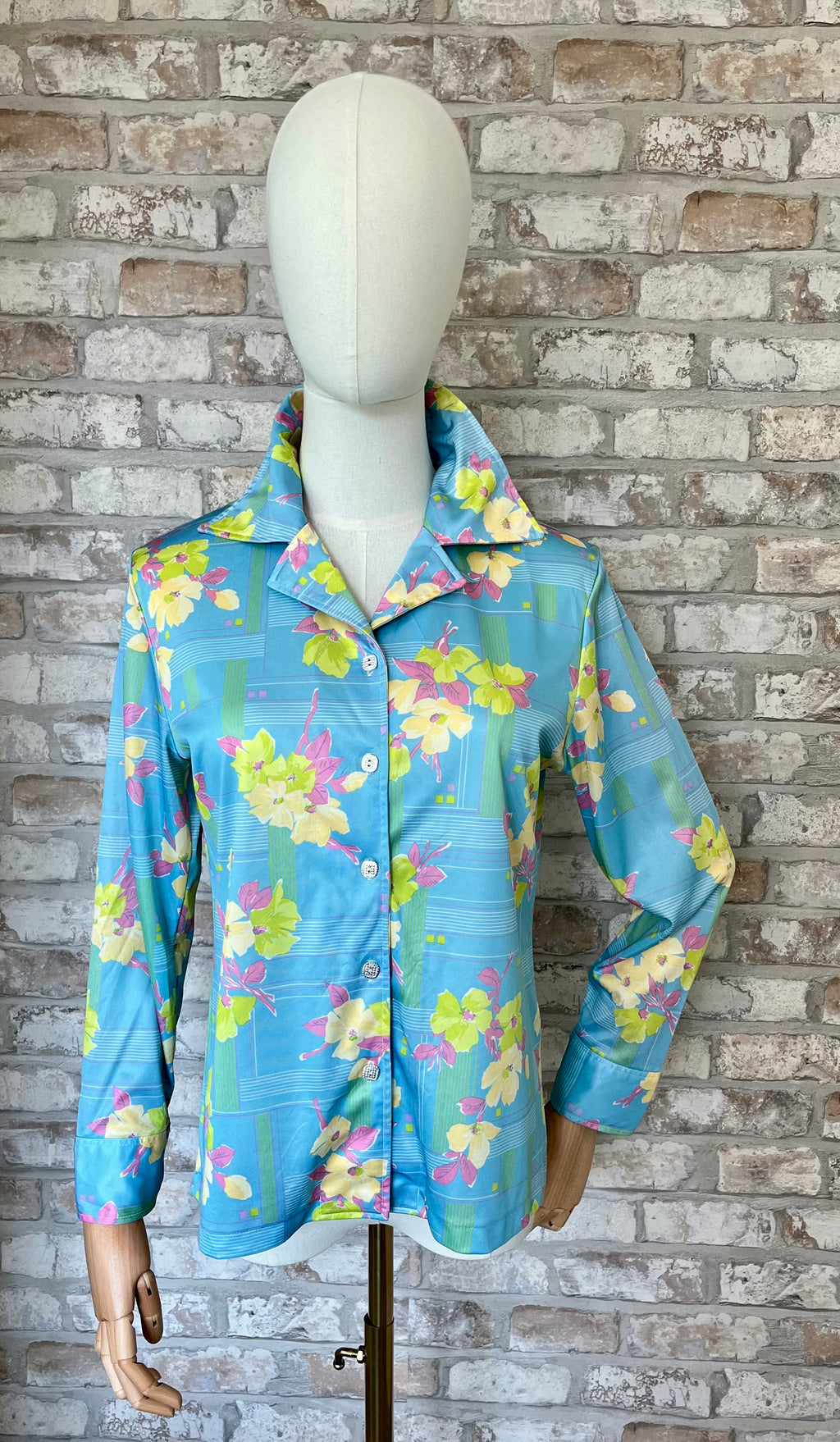 Chemise Vintage Japonaise 70s | Imprimé Floral Pop | Bleu Azur et fluo | S/M - GRADE A