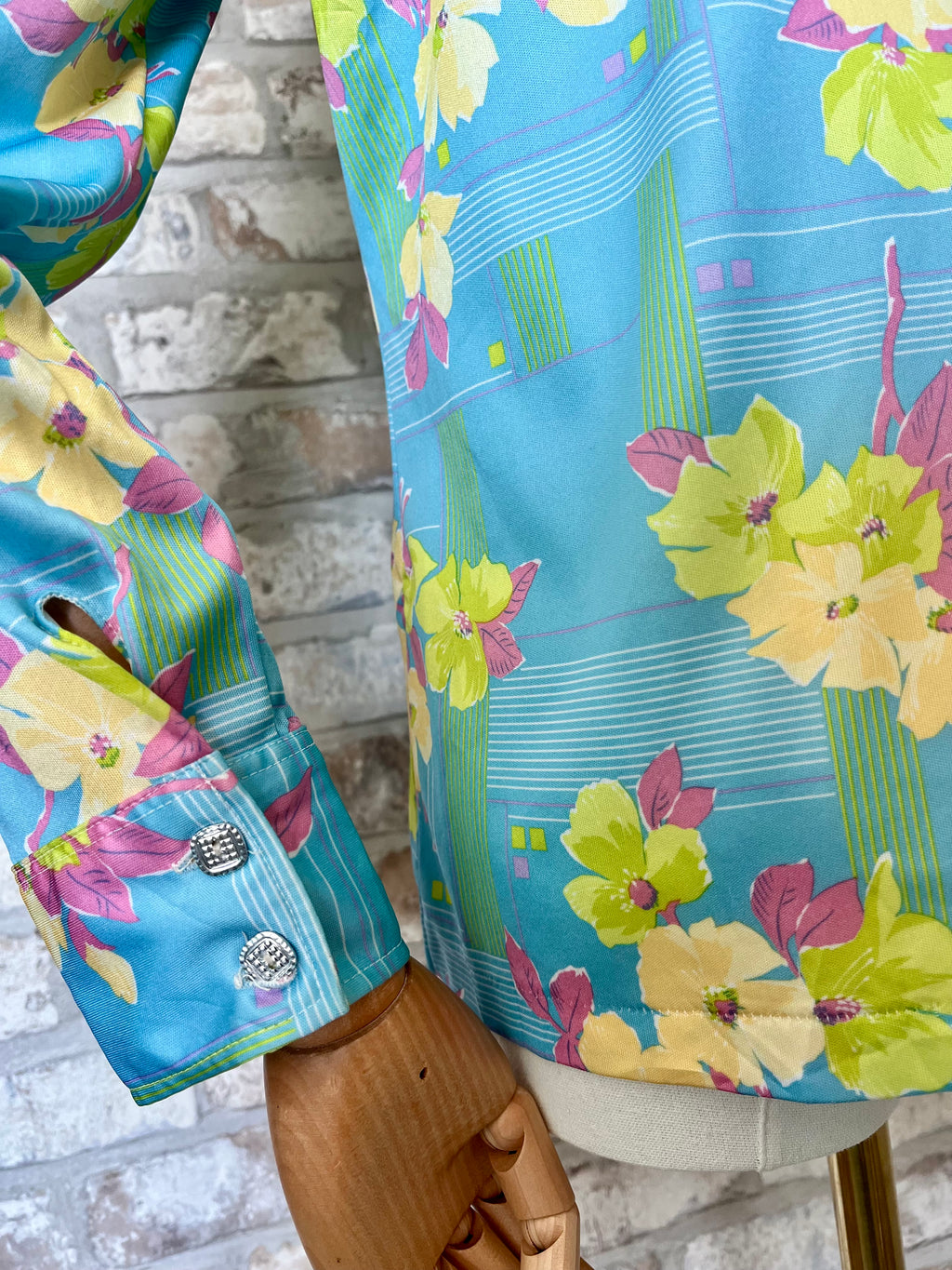 Chemise Vintage Japonaise 70s | Imprimé Floral Pop | Bleu Azur et fluo | S/M - GRADE A
