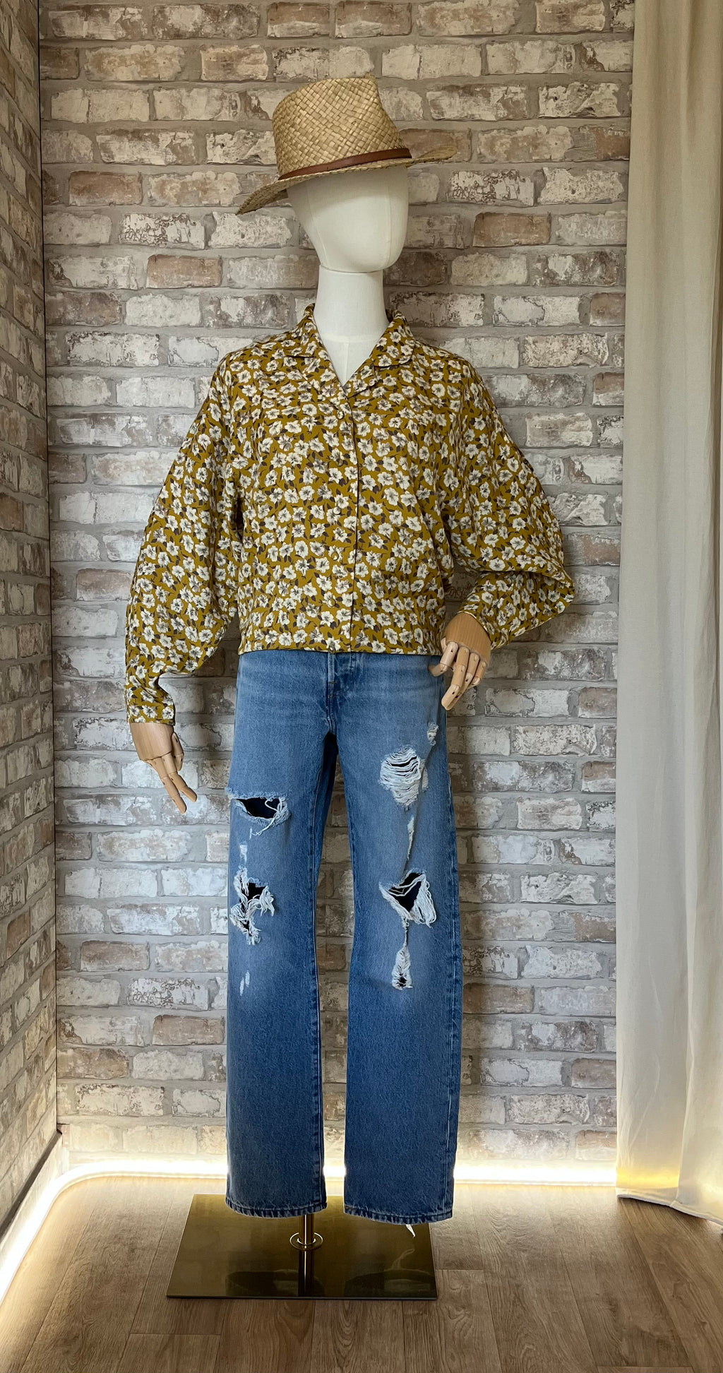Chemise Vintage | Monde d'Amour | Imprimé Floral Jaune Moutarde | Japon / Jean Levis 501 Distressed