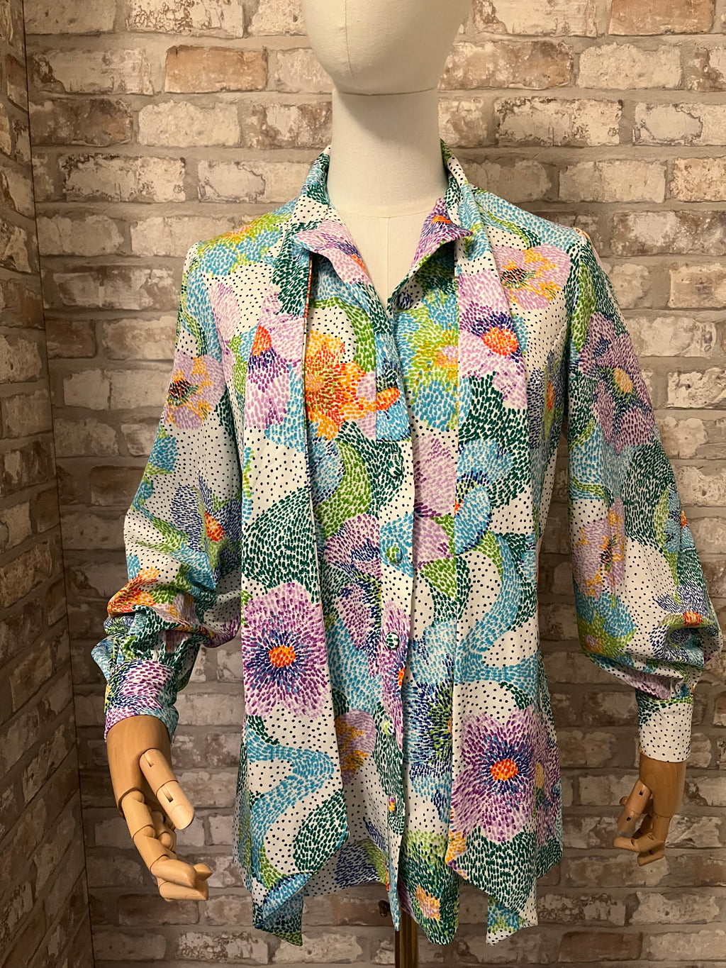 Chemise Vintage 70s | Imprimé Impressionniste & Col Lavallière | "GIRETTE California" | M/L FR - Grade A
