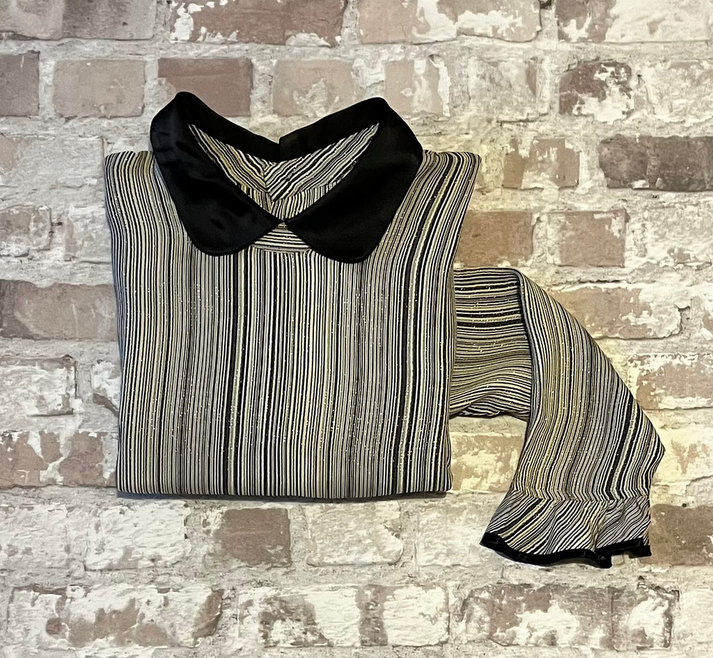 Chemisier Vintage | Rayures & Col Claudine Noir | Chikuma | Japon