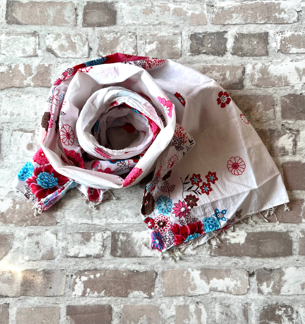 Foulard "Girly Flowers" | Imprimé Floral Fuchsia & Turquoise | Voile de Coton