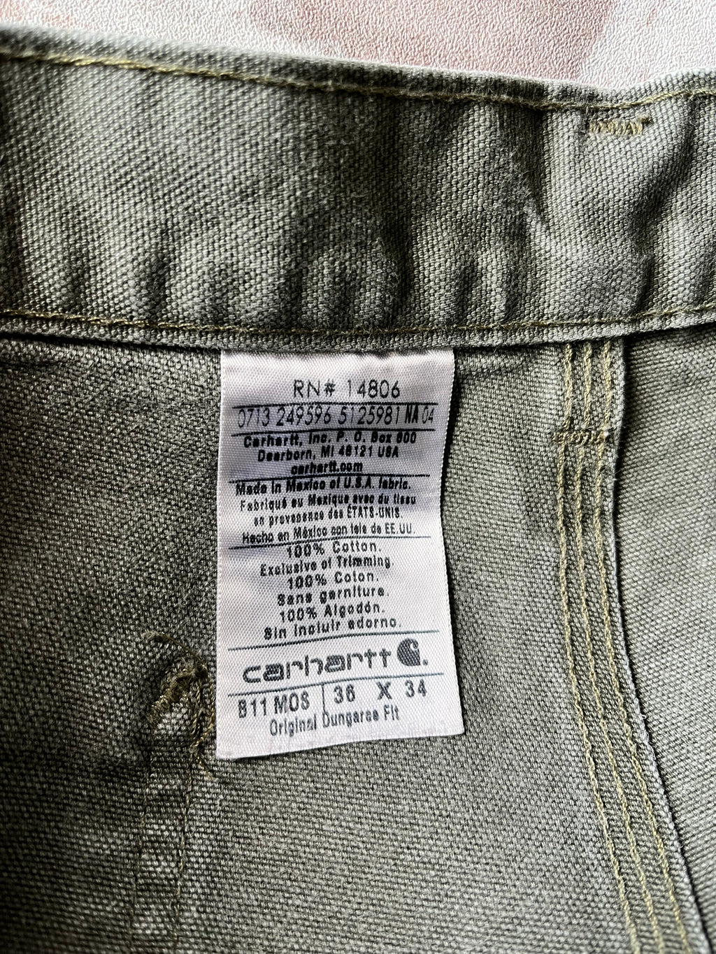Pantalon Carpenter Carhartt B11 | MOS Kaki Faded | 36 x 34 US - GRADE A DISTRESSED