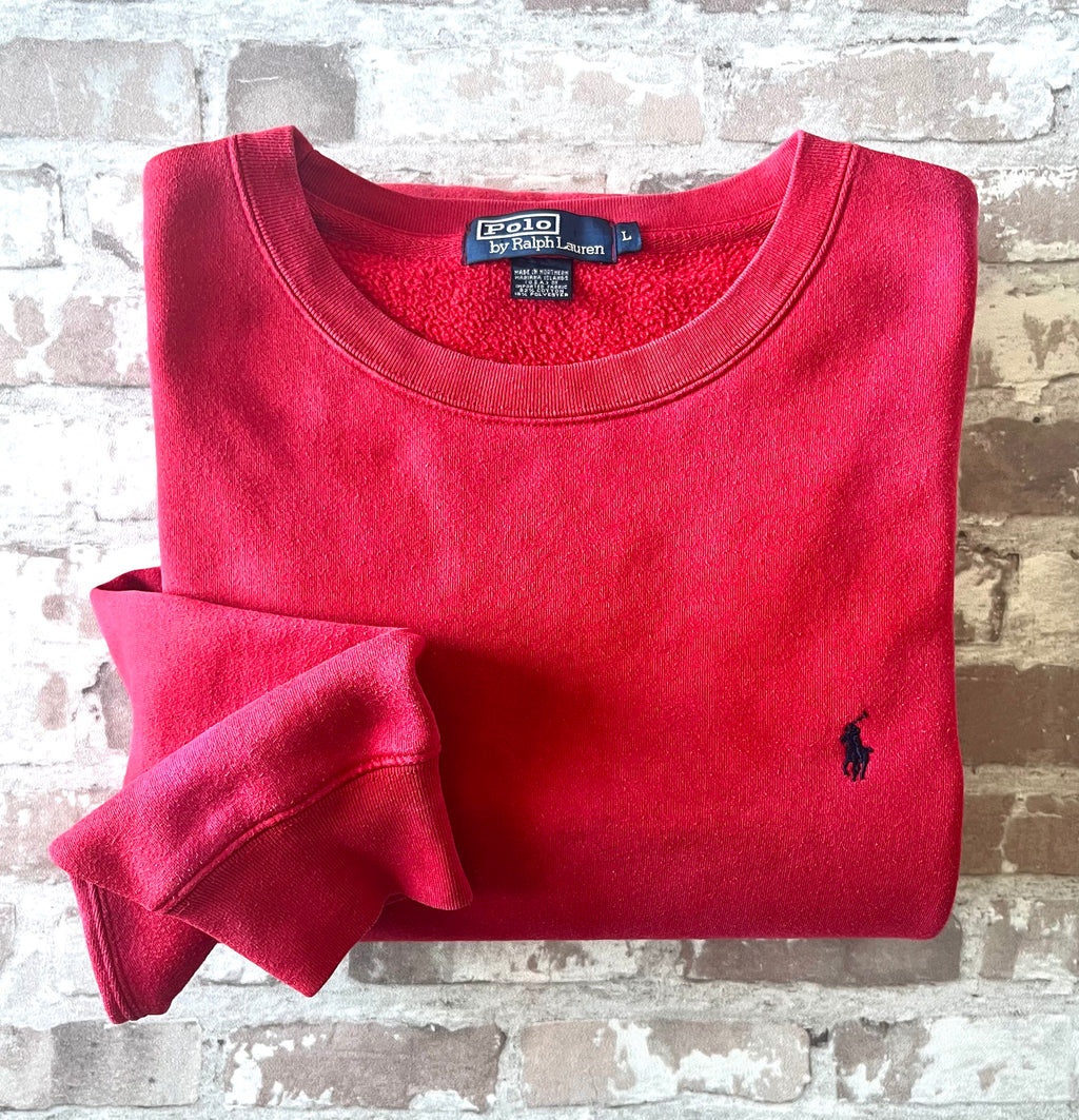 Sweat-Shirt Polo by Ralph Lauren Bleach Custom Classic Red Fall-Winter Vintage 90s à plat, plié