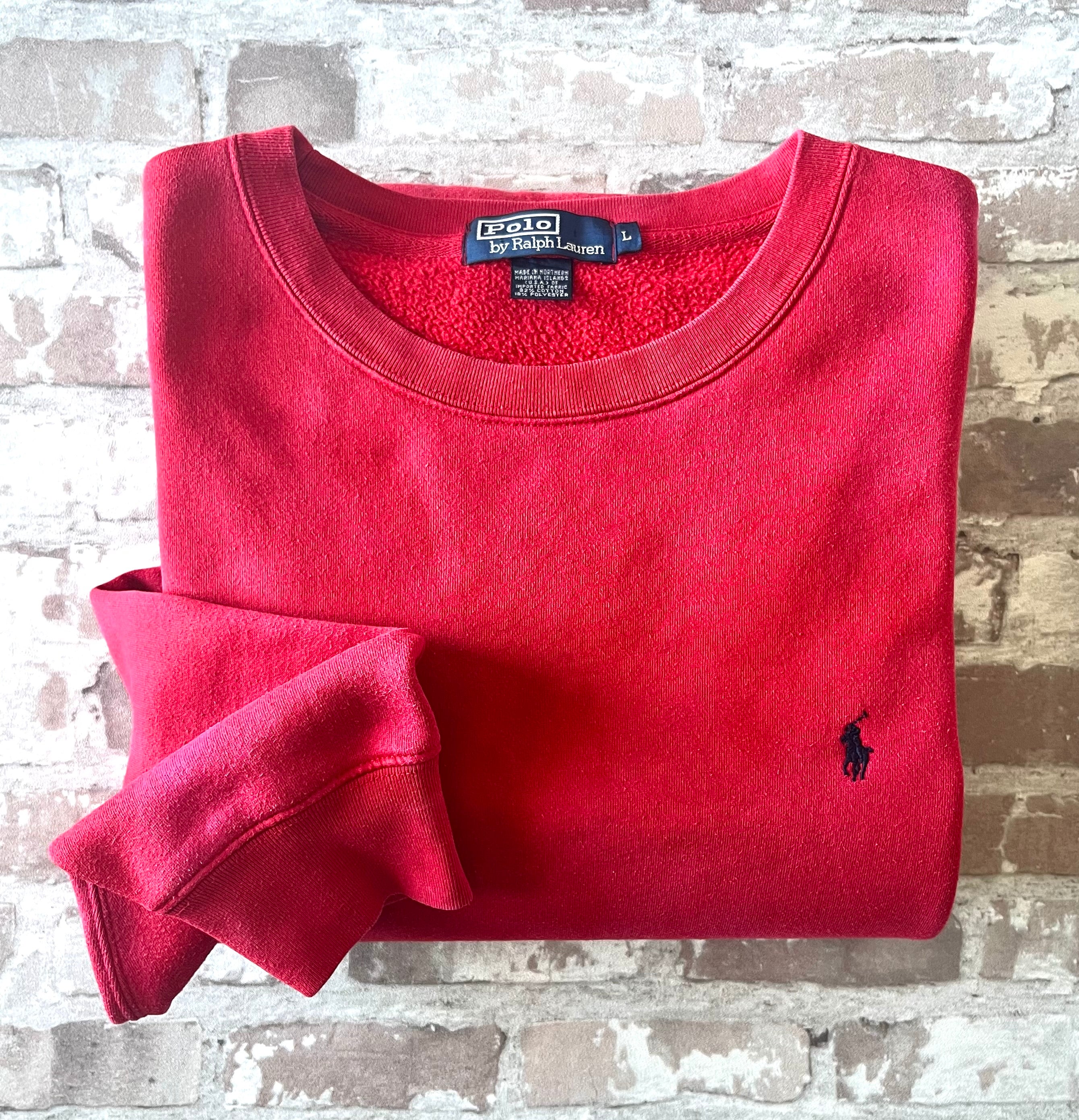 Sweat-Shirt Polo by Ralph Lauren Bleach Custom Classic Red Fall-Winter Vintage 90s à plat, plié