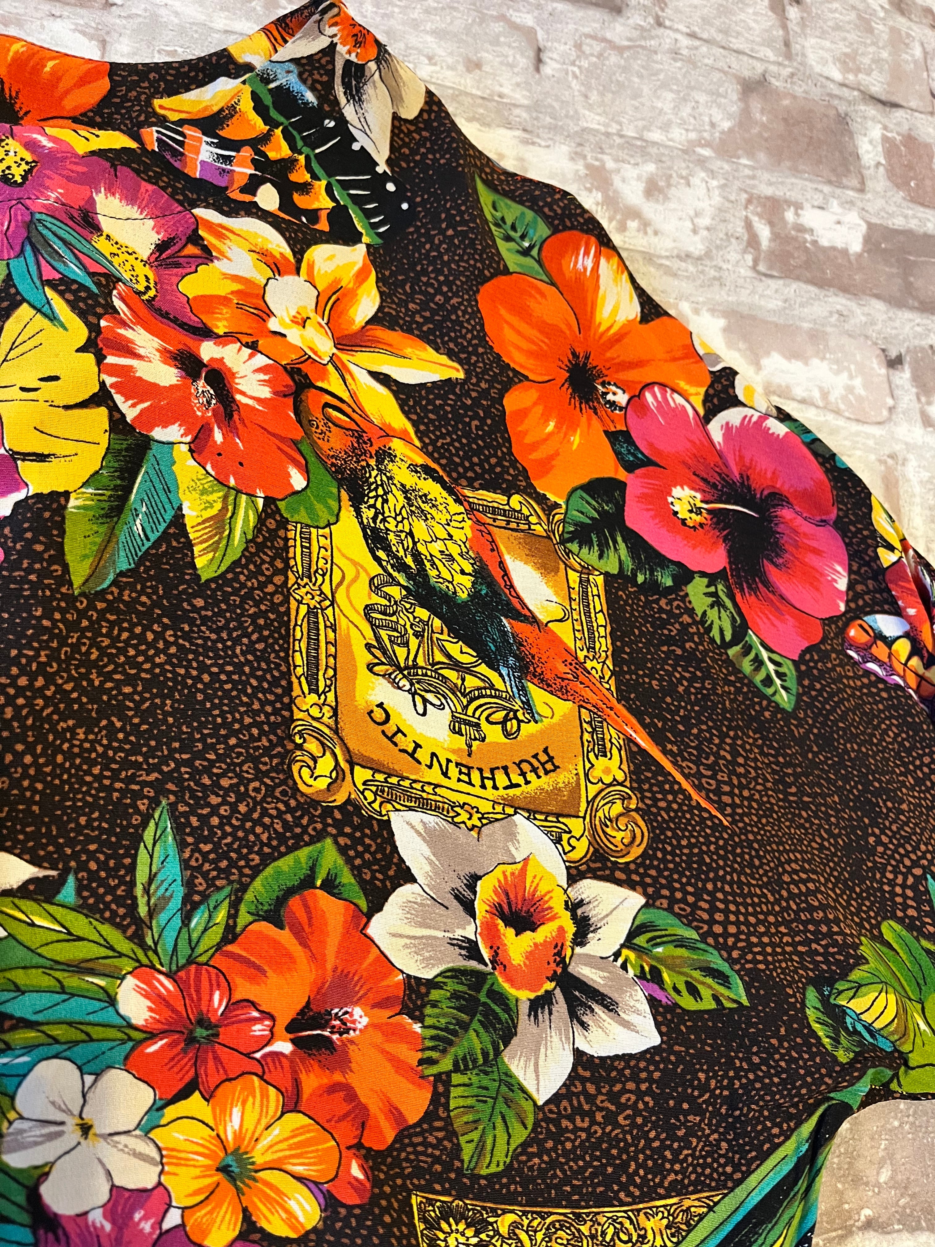 Top Cropped Vintage Havana Nights | Carole Little | Années 90 | Imprimé Maximaliste Tropical | USA / gros plan