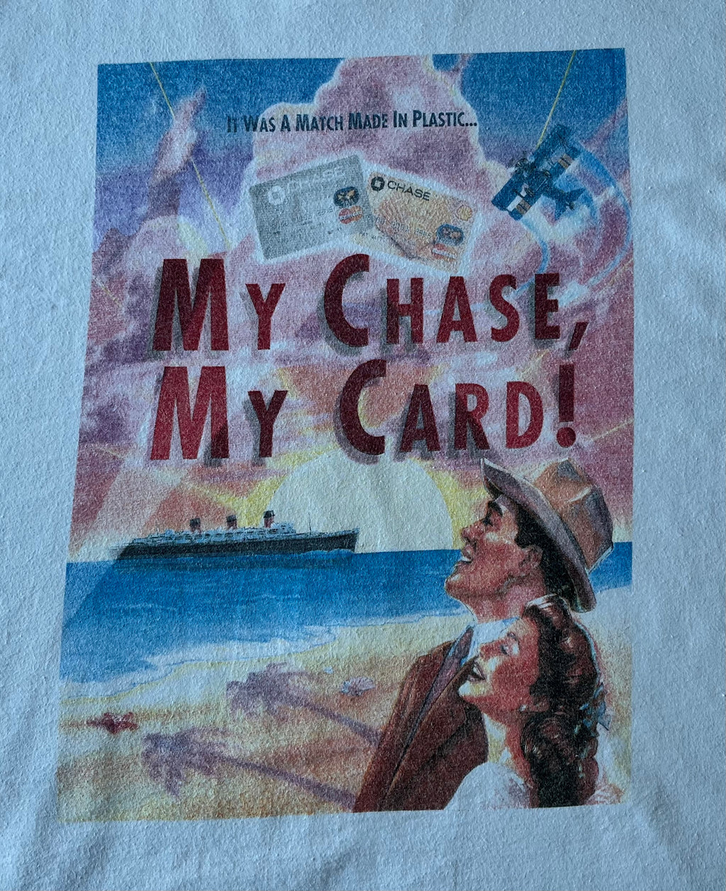T-Shirt Vintage Jerzees Activewear | 90s | Chase Credit Card Advertising Tee | USA / gros plan