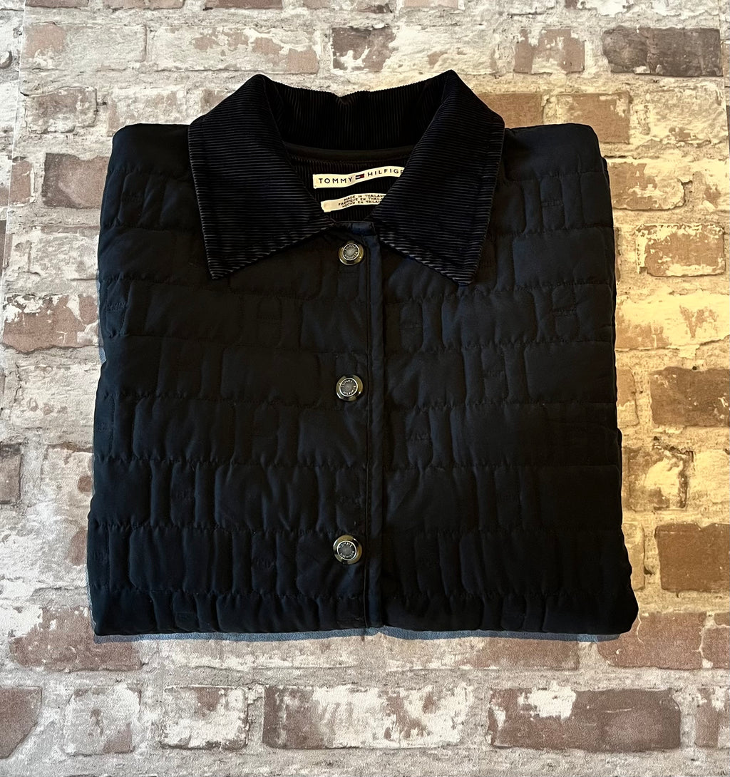 Veste Vintage en Toile Matelassée | Tommy Hilfiger Noire | Col Velours & Doublure Tartan | 00s