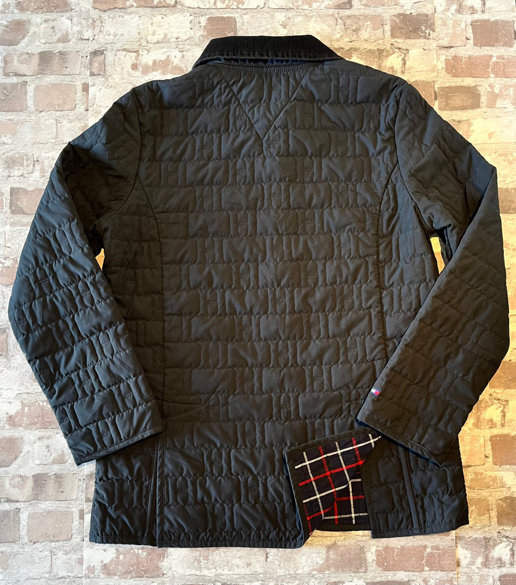 Veste Vintage en Toile Matelassée | Tommy Hilfiger Noire | Col Velours & Doublure Tartan | 00s / de dos