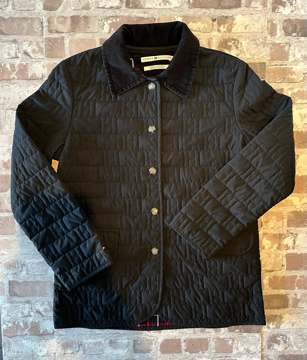 Veste Vintage en Toile Matelassée | Tommy Hilfiger Noire | Col Velours & Doublure Tartan | 00s / fermée