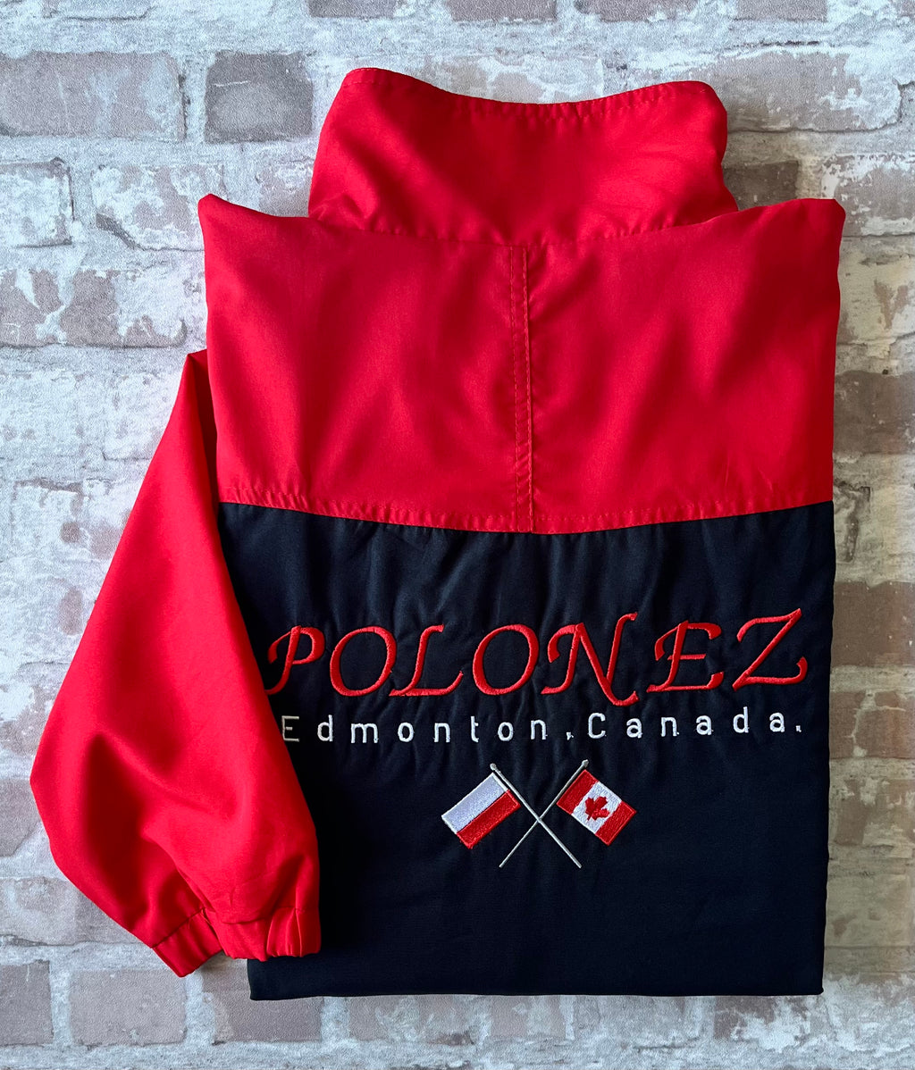 Veste de sport technique vintage de la marque canadienne Kobe Sportswear au design colorblock rouge, noir et blanc, présentée à plat, pliée et de dos